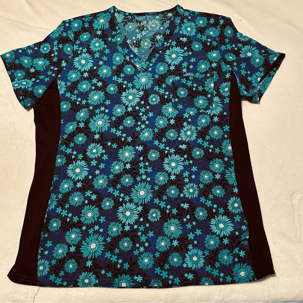 Floral V-Neck Scrub Top in Teal and Black